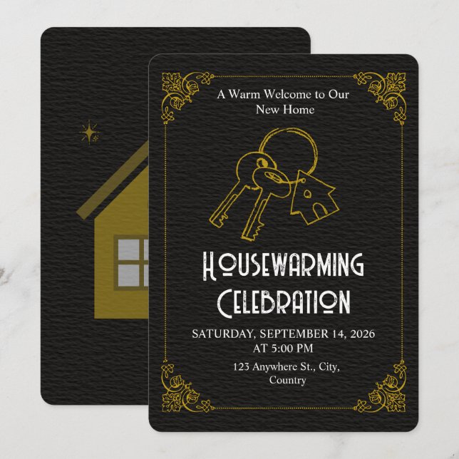 Convites Black Gold Housewarming Invitation Editable (Frente/Verso)