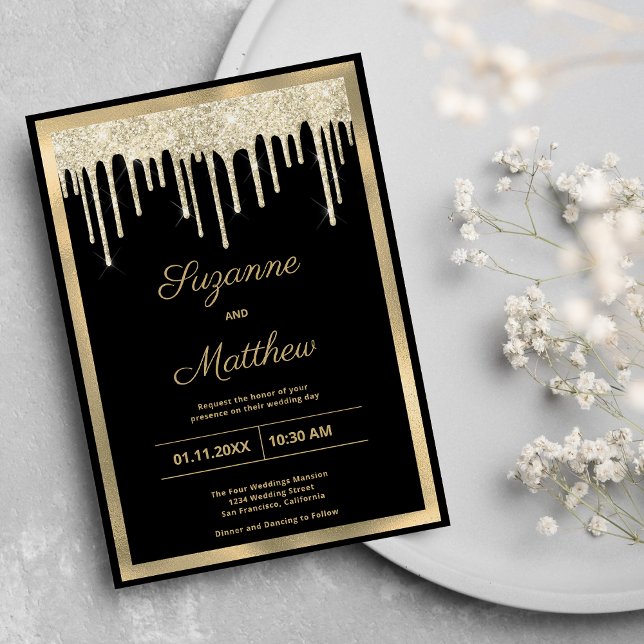 Convites Black gold luxury glitter drips wedding (Black gold luxury glitter drips wedding)