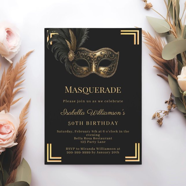Convites Black gold Masquerade birthday party (Criador carregado)