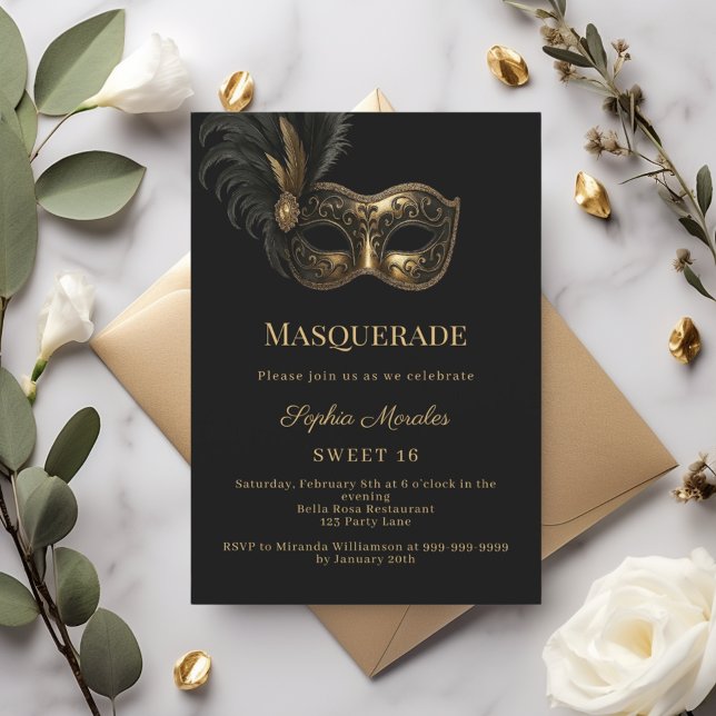 Convites Black gold Masquerade party Sweet 16 (Criador carregado)