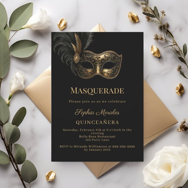 Convites Black gold Masquerade Quinceanera (Criador carregado)