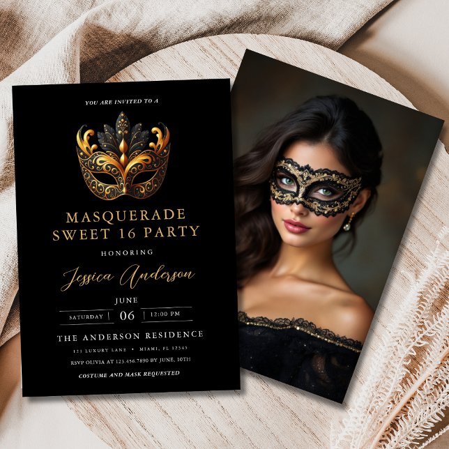 Convites Black Gold Masquerade Sweet 16 Photo Birthday (Criador carregado)