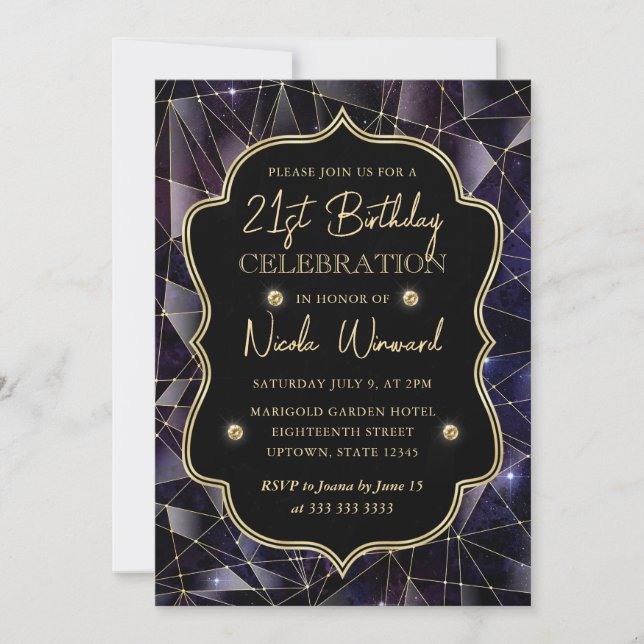 Convites Black & Gold Midnight Crystal Galaxy 21º Aniversár (Frente)