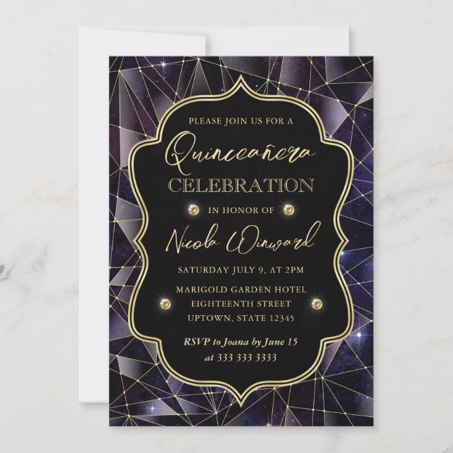 Convites Black & Gold Midnight Crystal Galaxy Quinceanera (Frente)