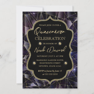 Convites Black & Gold Midnight Crystal Galaxy Quinceanera