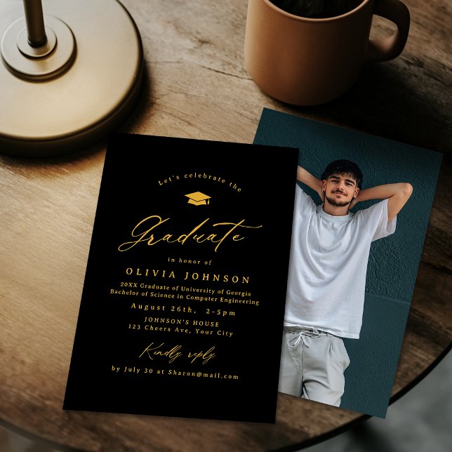 Convites Black Gold Modern Calligraphy Photo Graduation (Black Gold Modern Calligraphy Photo Graduation Invitation)