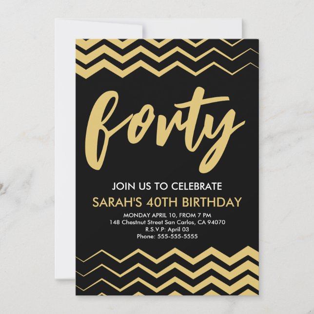 Convites Black Gold Modern Minimalist 40th Birthday Party (Frente)