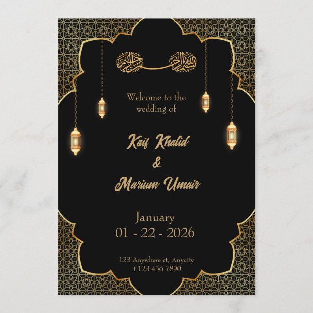 Convites Black & Gold Muslim wedding invitation Editable (Frente)