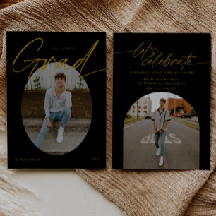 Convites Black & Gold Oval Foto Moderno Script Graduação