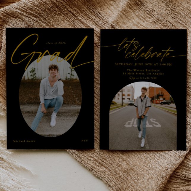 Convites Black & Gold Oval Foto Moderno Script Graduação (Criador carregado)