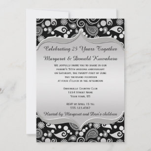 Convites Black Gold Paisley Quadro Ornate 25º Aniversário