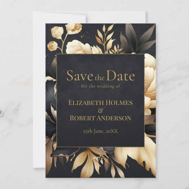 Convites Black & Gold Peony Gothic Save the Date (Frente)