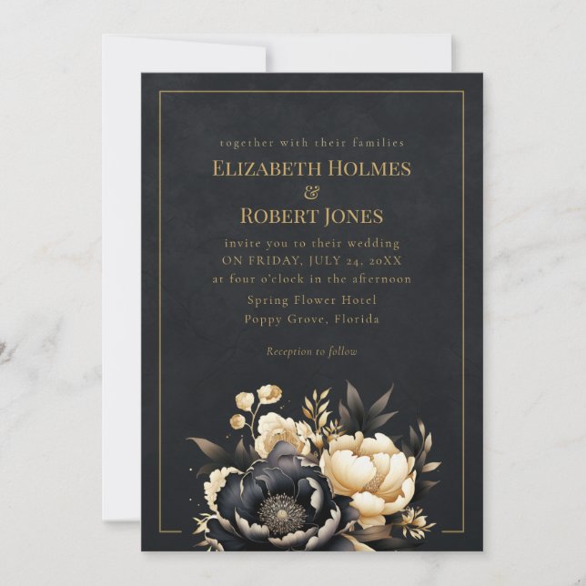 Convites Black & Gold Peony Gothic Wedding Invitation (Frente)