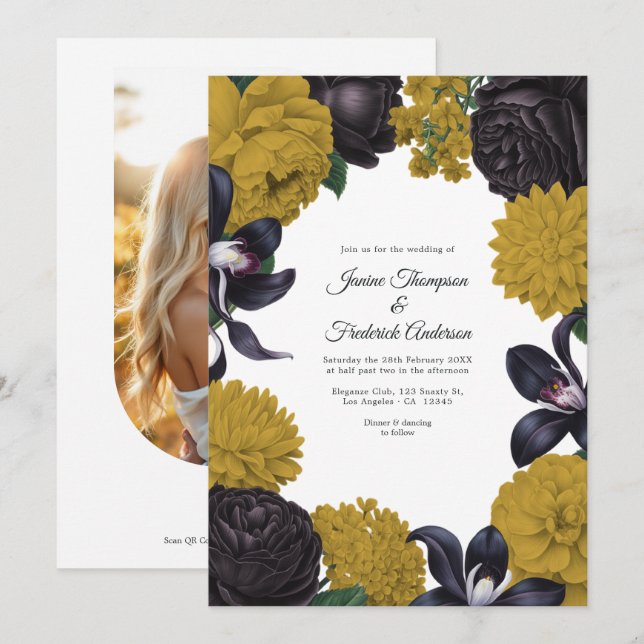 Convites Black & Gold Photo/QR Code Floral Wedding (Frente/Verso)