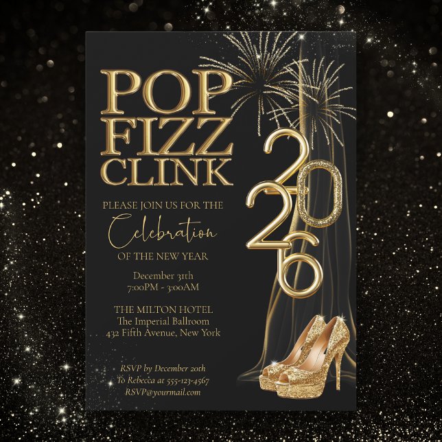 Convites Black Gold Pop Fizz Clink New Years Invitation (Criador carregado)