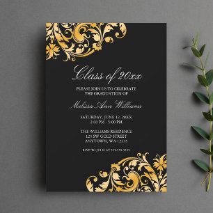 Convites Black Gold Swirl Graduation Party Announcement
