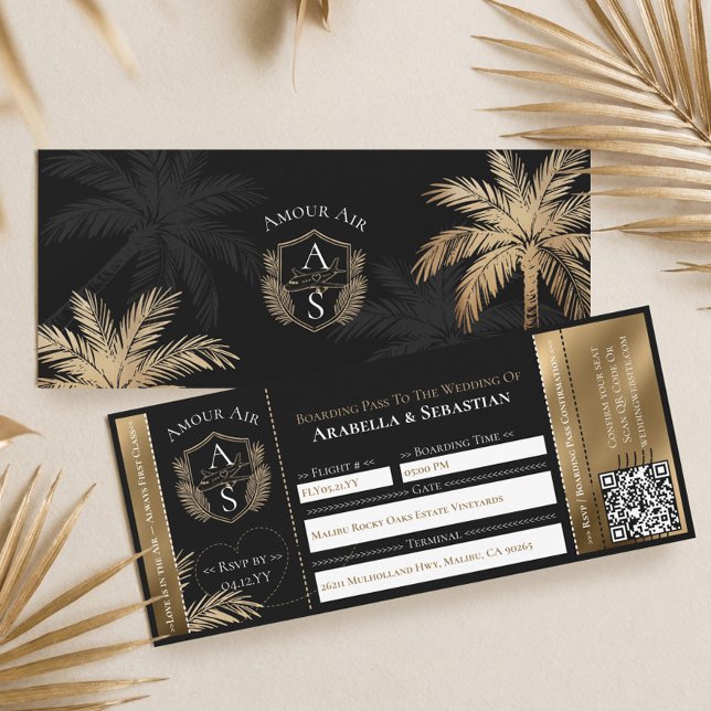 Convites Black Gold Tropical Boarding Plane Ticket Wedding (Black Gold Tropical Boarding Plane Ticket Wedding Invitation)