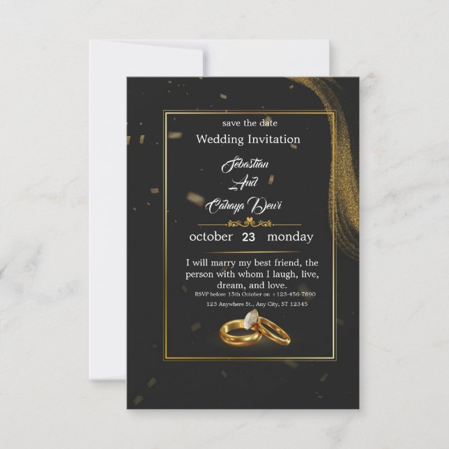 Convites 	Black Gold Wedding Invitation (Frente)
