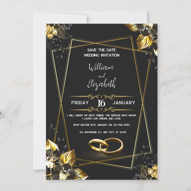 Convites Black & Gold Wedding Invitation Card (Frente)