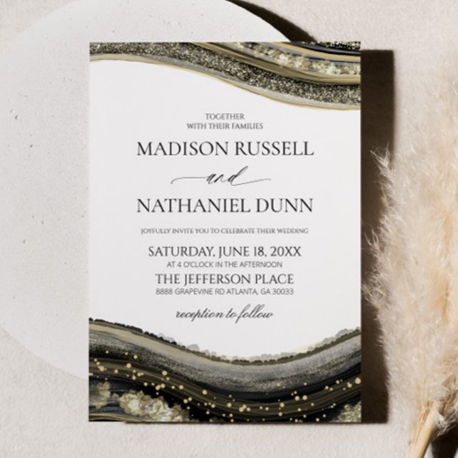 Convites Black Gold White Agate Elegant Wedding (Criador carregado)