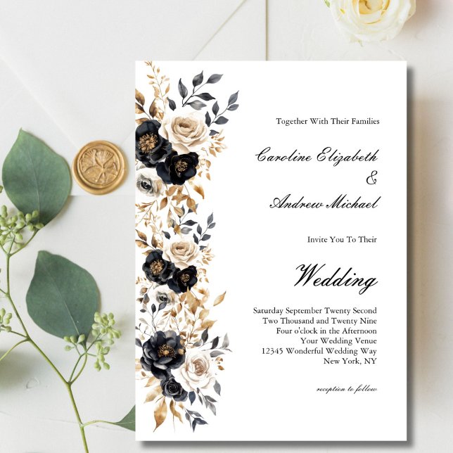 Convites Black Gold White Watercolor Floral Elegant Wedding (Black Gold White Watercolor Florals Elegant Wedding Invitation. Printed or Digital Download)