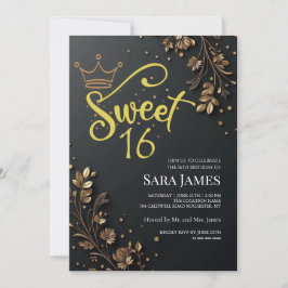Convites Black Golden Floral Sweet 16 Birthday