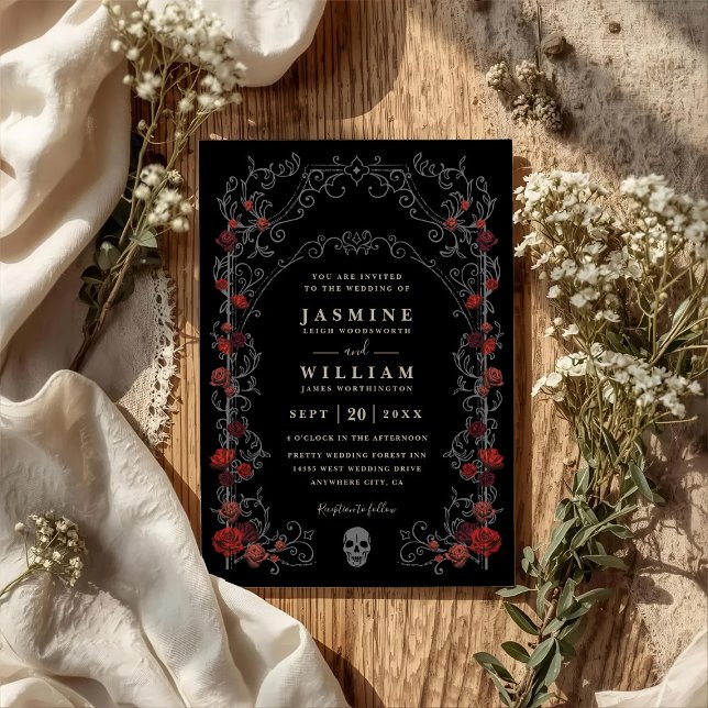Convites Black Gothic Gate Romance Elegant QR Code Wedding (Criador carregado)
