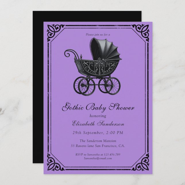 Convites Black Gothic Stroller Baby Shower  (Frente/Verso)