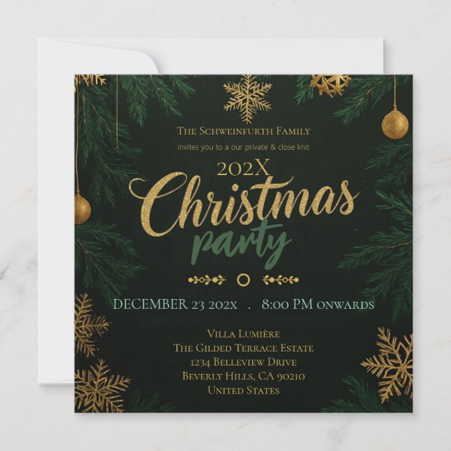 Convites Black Green and Gold Classic Christmas Invitation (Frente)