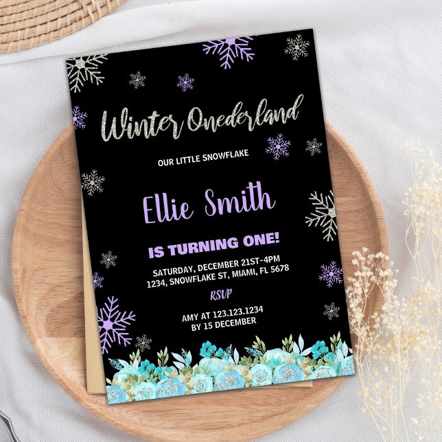 Convites Black Green Floral Winter ONEderland Invtions (Black Green Floral Winter ONEderland Invitations)