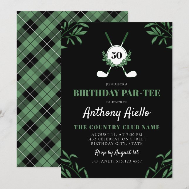 Convites Black Greenery Golf Themed Birthday Par-Tee (Frente/Verso)