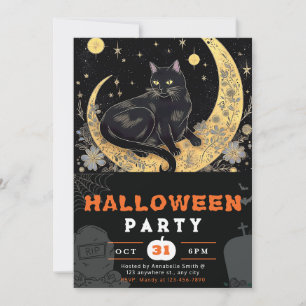 Convites Black Halloween, Moon Floral Black, Crescente Gato