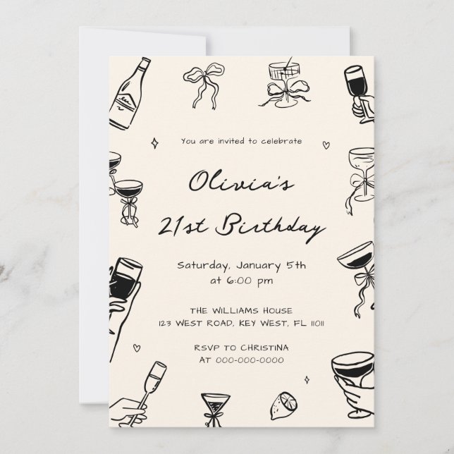Convites Black Hand Drawn Adult Birthday Party  (Frente)