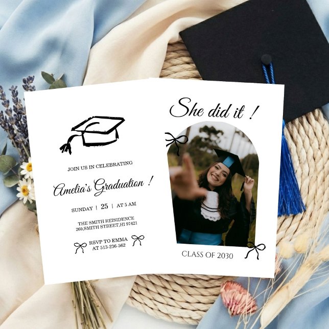 Convites Black Hand drawn Bow graduation party invitation (Criador carregado)