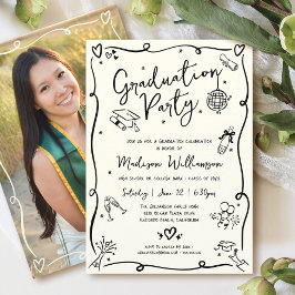 Convites Black Hand Drawn Doodle Photo Graduate Party Cream