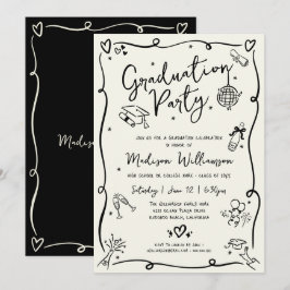 Convites Black Hand Drawn Doodles Graduation Party Cream