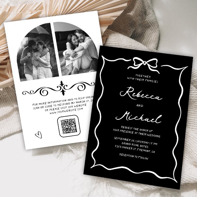 Convites Black Hand Drawn White Bow QR Code Photo Wedding (Criador carregado)