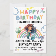 Black Mermaid Birthday Invitation in White