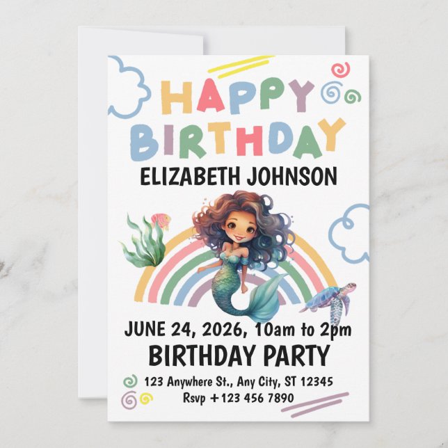 Convites Black Mermaid Birthday Invitation in White  (Frente)