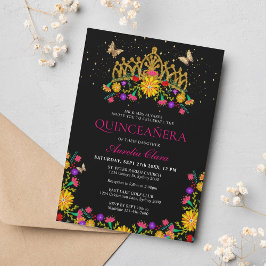 Convites Black Mexicano Fiesta Floral Dourada Tiara Quincea