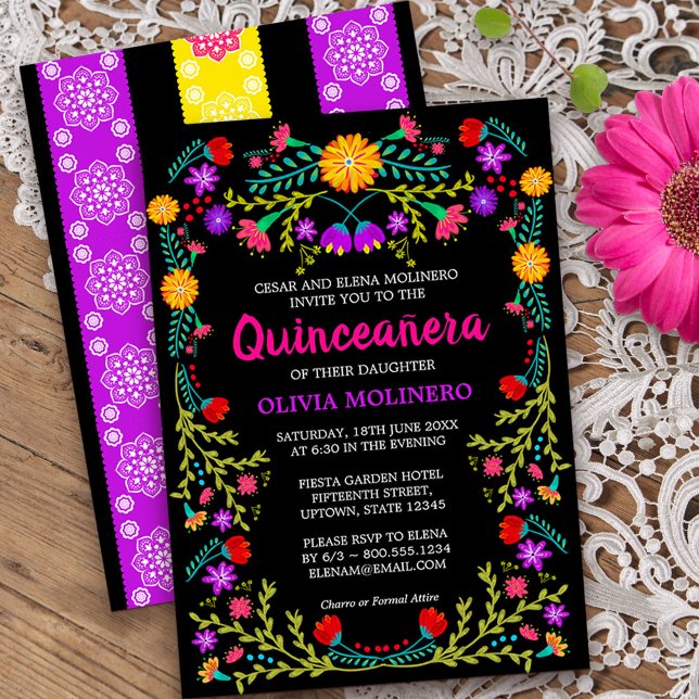 Convites Black Mexicano Fiesta Folk Art Floral Quinceanera (Quinceanera invitation from my Mexican Fiesta Floral collection
)