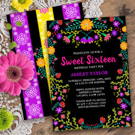 Convites Black Mexicano Fiesta Folk Art Floral Sweet 16