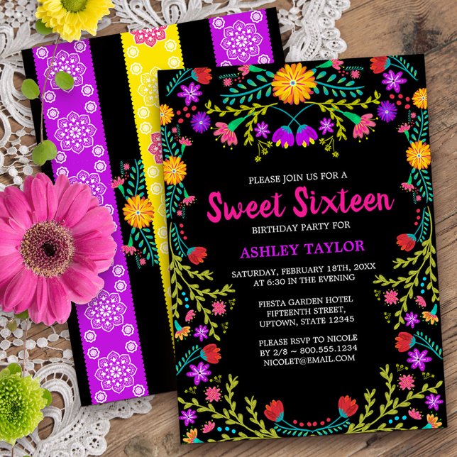Convites Black Mexicano Fiesta Folk Art Floral Sweet 16 (Sweet 16 invitation from my Mexican Fiesta Floral collection
)