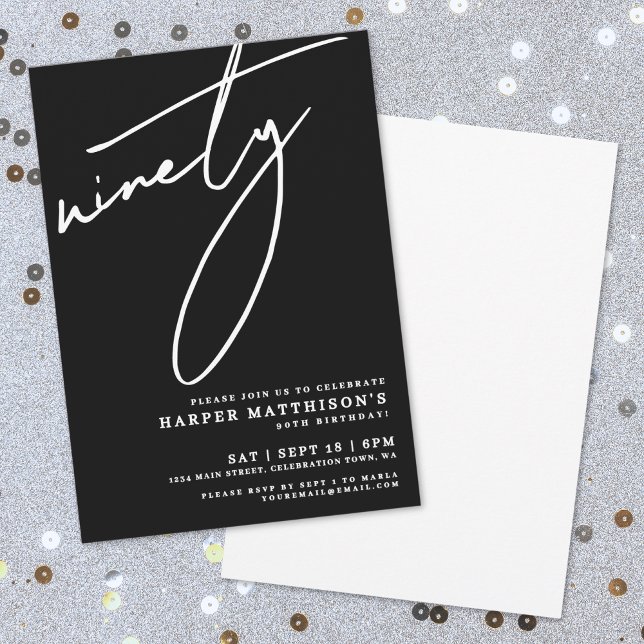 Convites Black Minimalist Ninety 90th Birthday Party (Black Minimalist Ninety 90th Birthday Party Invitation)