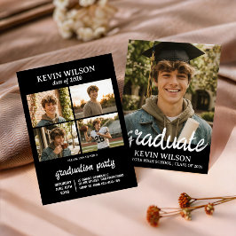 Convites Black Modern 4 Photo Graduation Invitation