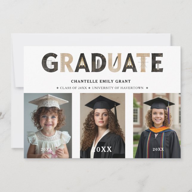 Convites Black Modern Architecture Grad 3-Photo Timeline (Frente)