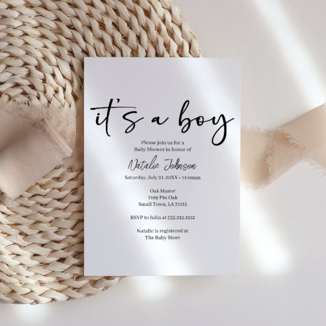 Convites Black Modern Simple Script Boy Baby Shower (Criador carregado)
