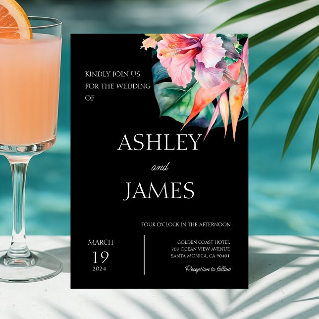 Convites Black Modern Tropical Flowers Greenery Casamento (Modern Tropical Flowers Greenery Wedding Invitation)