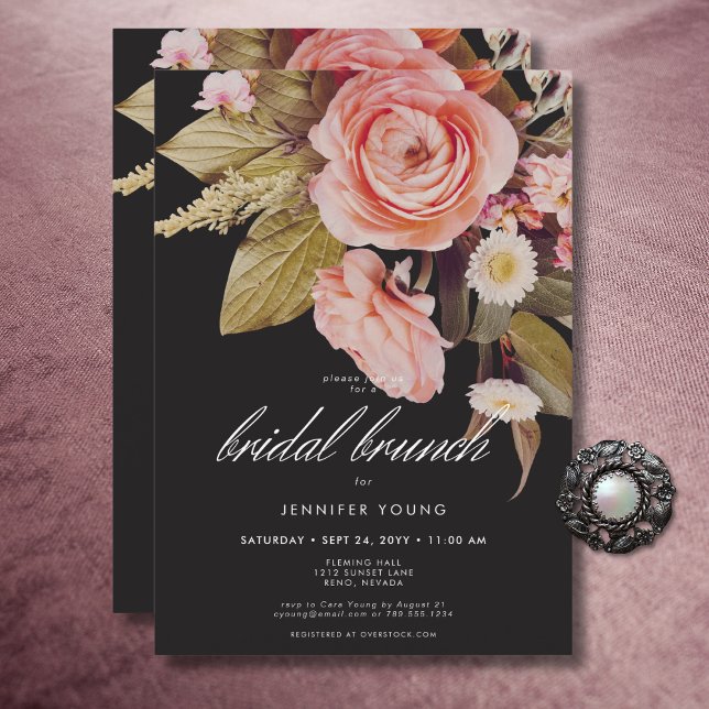 Convites Black Moody Blush Blooms Bridal Brunch (Black Moody Pink Blush Blooms Bridal Brunch Invitation)