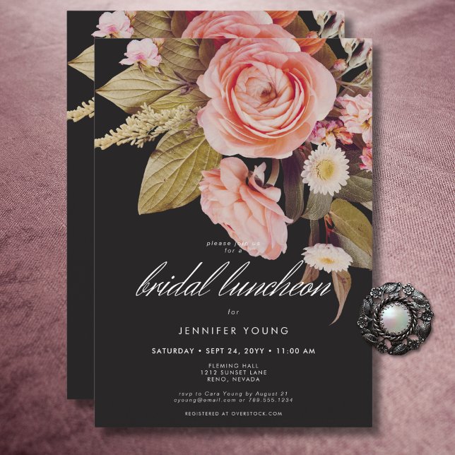 Convites Black Moody Blush Blooms Bridal Lunchee (Black Moody Pink Blush Blooms Bridal Luncheon Invitation)